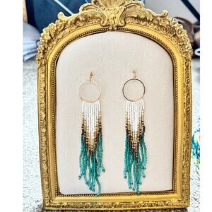 Boho Beaded Fringe Hoop Earrings Turquoise White Gold Dangle NWT